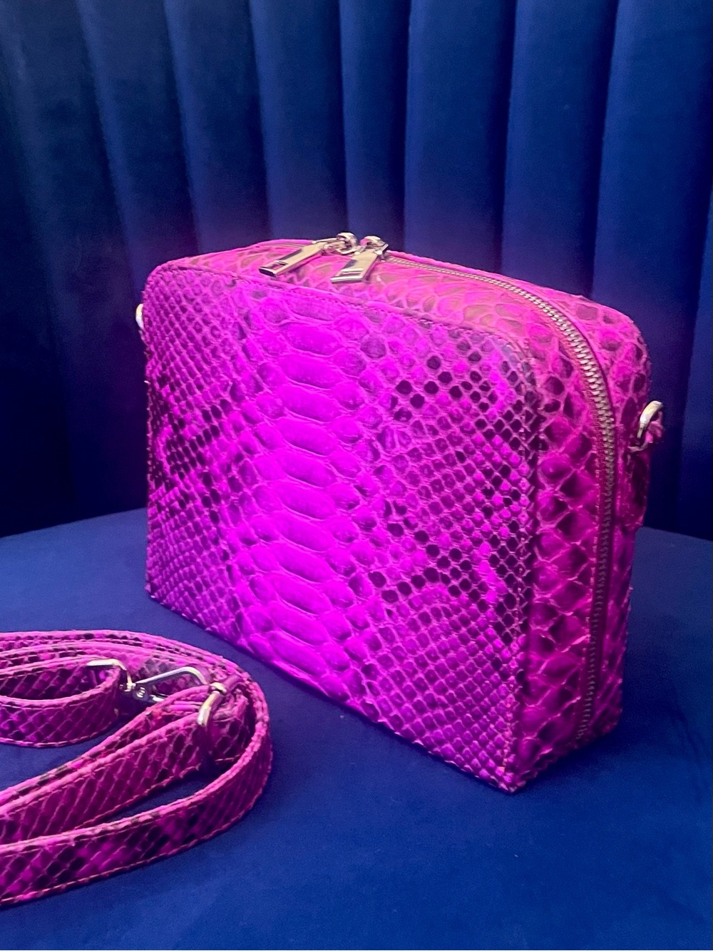 Fuchsia Genuine Python Crossbody – Real Snakeskin Shoulder Bag w Silver Hardware - Picture 7 of 16